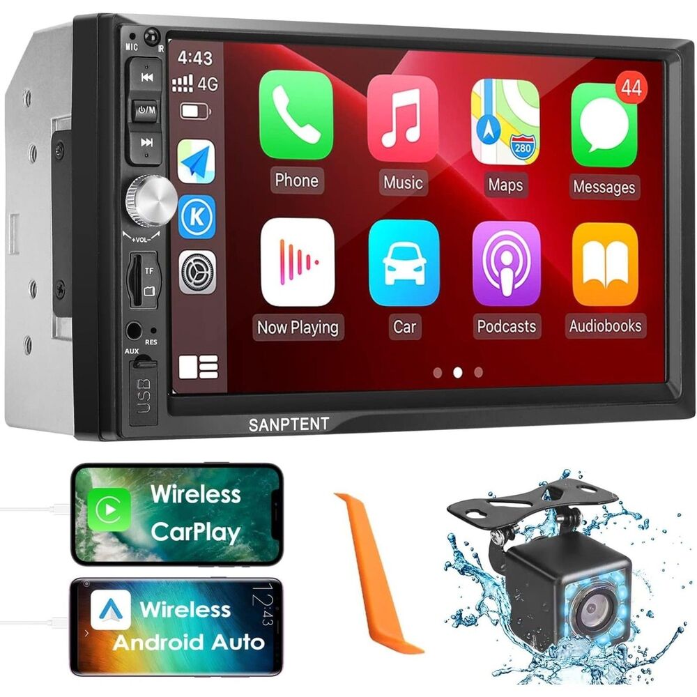 SANPTENT Double Din Car Stereo with Wireless Apple CarPlay & Android Auto